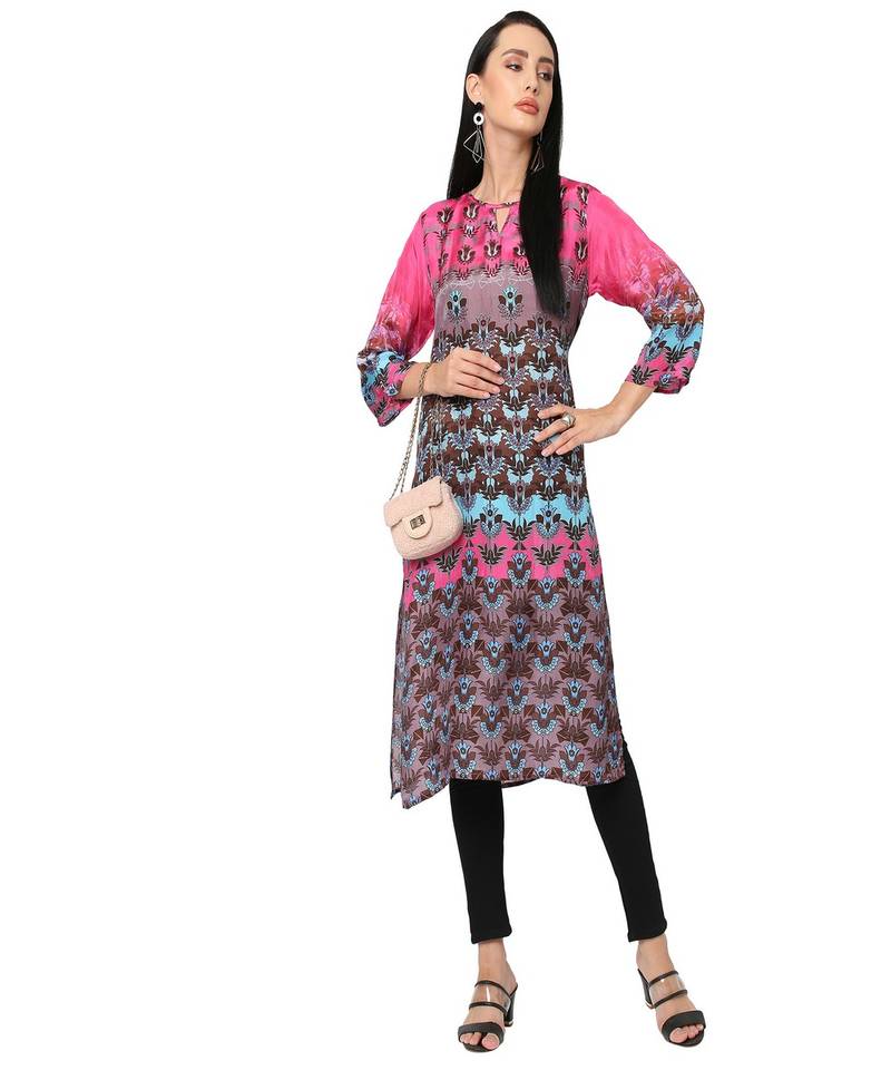 Pink & Brown Ethnic Motifs Printed Kurta