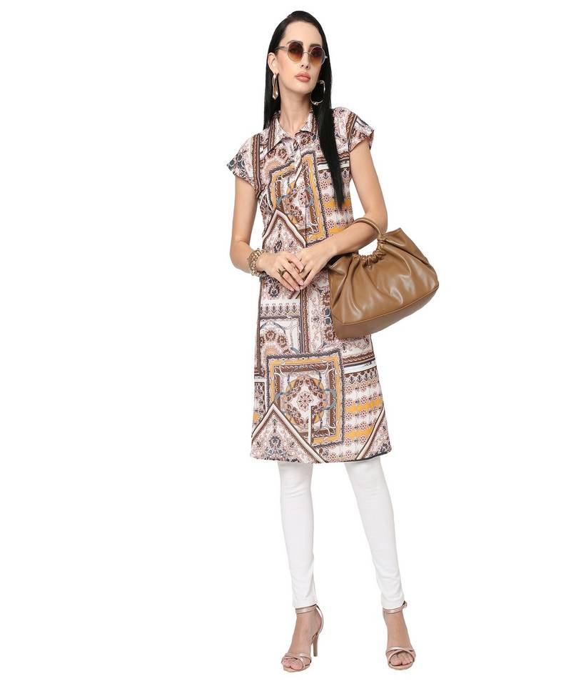 Brown & Beige Classic Chain Printed Tunic Dress
