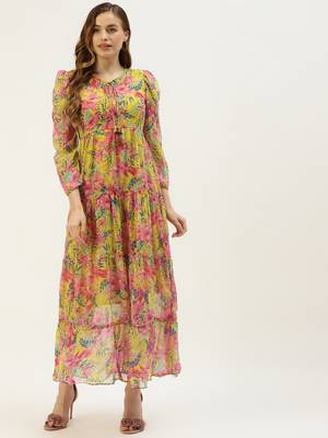 Yellow printed georgette long-dresses 1