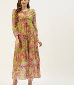 Yellow printed georgette long-dresses