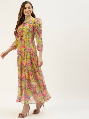 Yellow printed georgette long-dresses 3