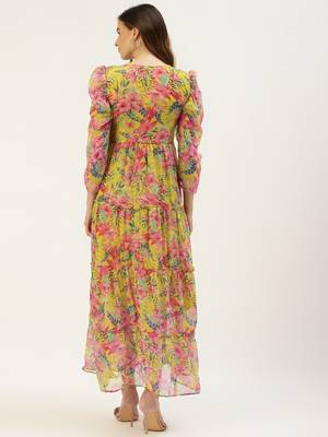 Yellow printed georgette long-dresses 4