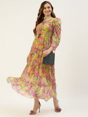 Yellow printed georgette long-dresses 5