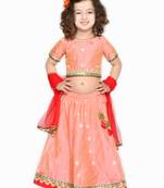 Girls Peach-Colored & Red Ready to Wear Lehenga Choli With Dupatta