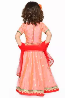 Girls Peach-Colored & Red Ready to Wear Lehenga Choli With Dupatta