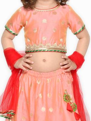 Girls Peach-Colored & Red Ready to Wear Lehenga Choli With Dupatta 3