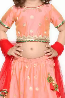 Girls Peach-Colored & Red Ready to Wear Lehenga Choli With Dupatta