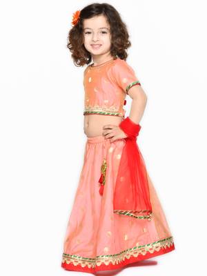 Girls Peach-Colored & Red Ready to Wear Lehenga Choli With Dupatta 5