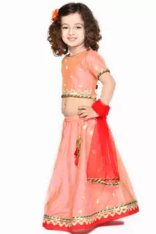 Girls Peach-Colored & Red Ready to Wear Lehenga Choli With Dupatta
