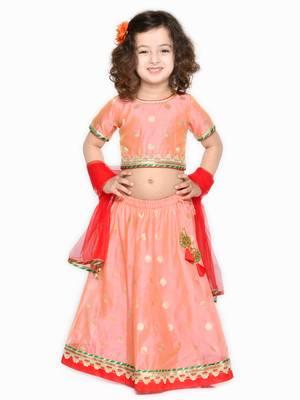 Girls Peach-Colored & Red Ready to Wear Lehenga Choli With Dupatta 6