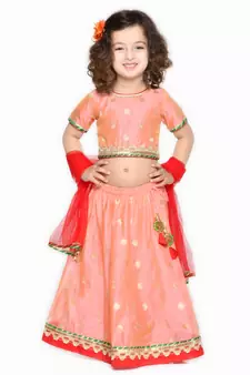 Girls Peach-Colored & Red Ready to Wear Lehenga Choli With Dupatta