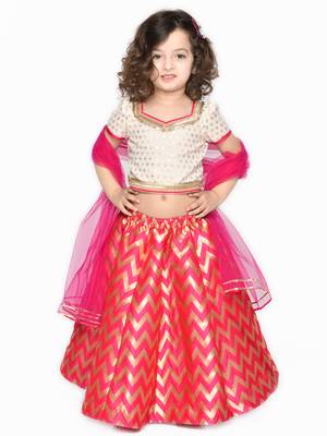 Girls Magenta & Cream-Colored Ready to Wear Lehenga & Blouse With Dupatta 1