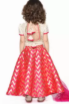 Girls Magenta & Cream-Colored Ready to Wear Lehenga & Blouse With Dupatta