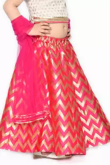 Girls Magenta & Cream-Colored Ready to Wear Lehenga & Blouse With Dupatta