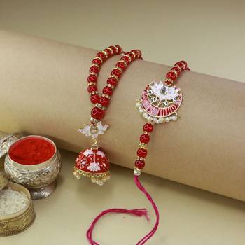 Designer Bhaiya Bhabhi Hanging Lumba Rakhi Combo Set for Rakshabhandan  1