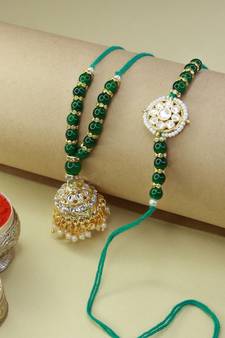 Designer Bhaiya Bhabhi Hanging Lumba Rakhi Combo Set for Rakshabhandan (R070GCO)