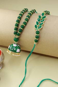 Designer Bhaiya Bhabhi Hanging Lumba Rakhi Combo Set for Rakshabhandan (R067GCO)