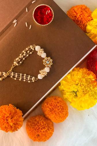 Gold Plated Hanging Traditional Pearl Studded and Beaded Lumba Rakhi for Bhabhi (R013G15LCO) (Pack of 2 Lumba)
