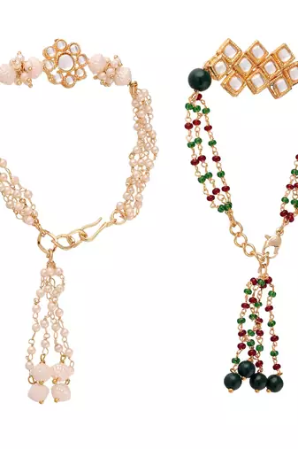 Gold Plated Hanging Traditional Pearl Studded and Beaded Lumba Rakhi for Bhabhi 