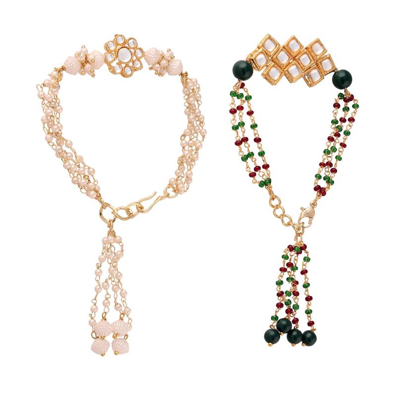 Gold Plated Hanging Traditional Pearl Studded and Beaded Lumba Rakhi for Bhabhi 