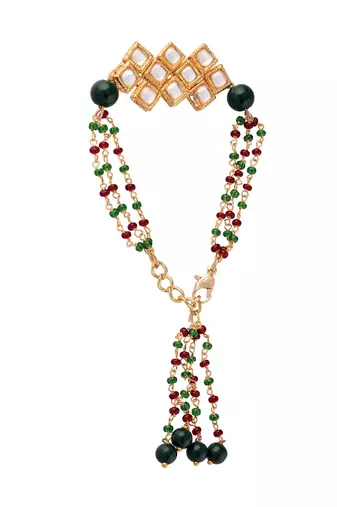 Gold Plated Hanging Traditional Pearl Studded and Beaded Lumba Rakhi for Bhabhi 