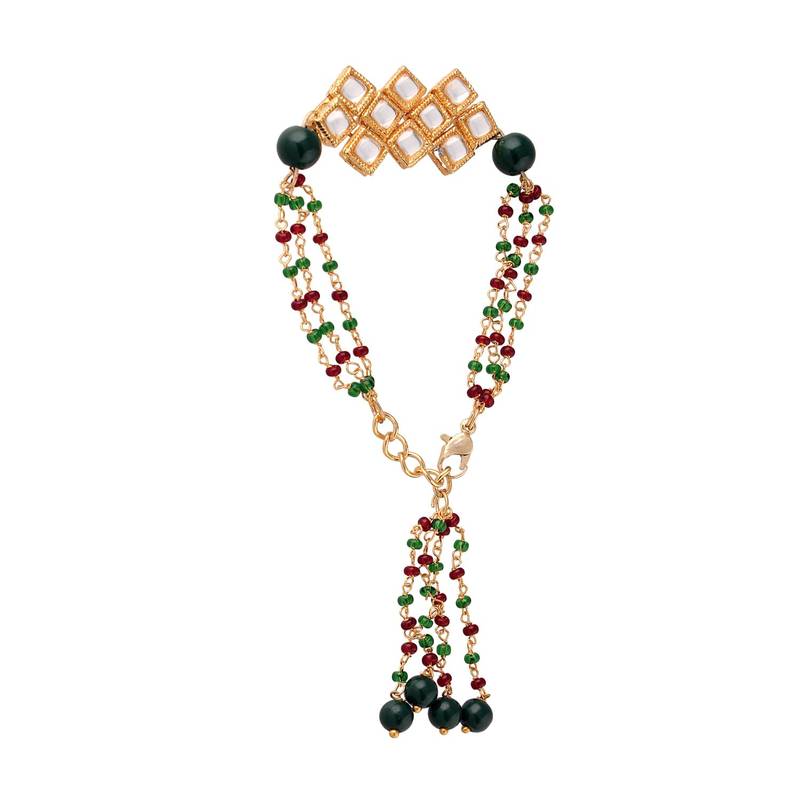Gold Plated Hanging Traditional Pearl Studded and Beaded Lumba Rakhi for Bhabhi 