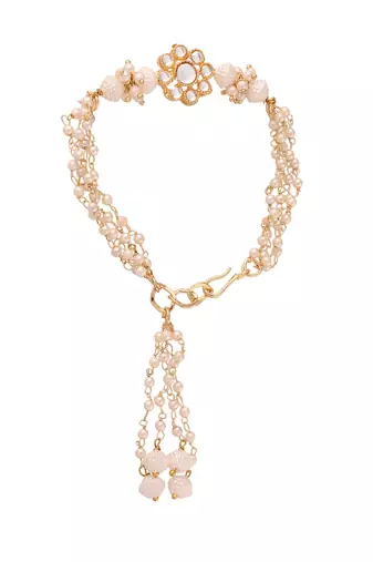 Gold Plated Hanging Traditional Pearl Studded and Beaded Lumba Rakhi for Bhabhi 