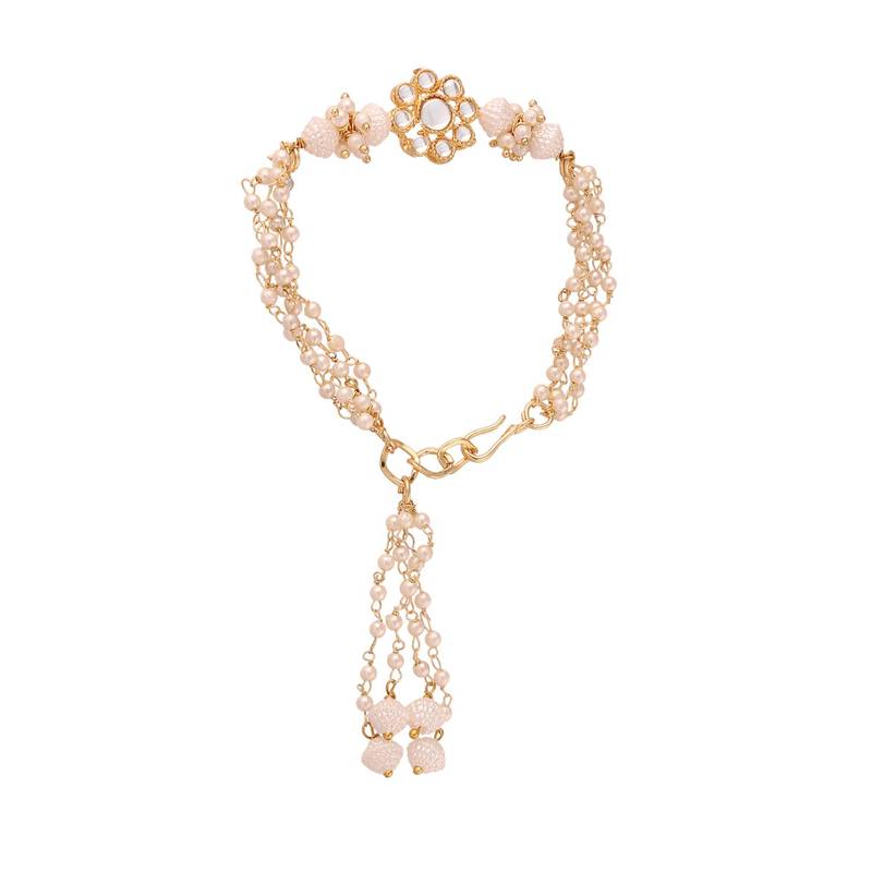 Gold Plated Hanging Traditional Pearl Studded and Beaded Lumba Rakhi for Bhabhi 