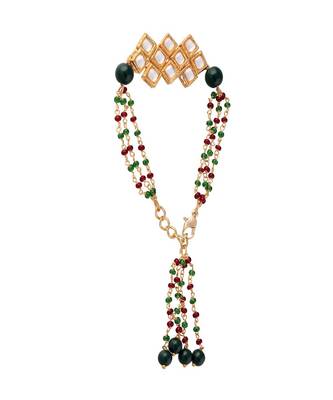 Gold Plated Hanging Traditional Kundan Studded and Beaded Lumba Rakhi for Bhabhi  1