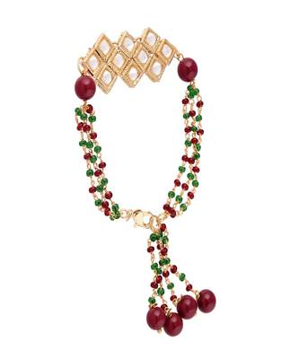 Gold Plated Hanging Traditional Kundan Studded and Beaded Lumba Rakhi for Bhabhi  1