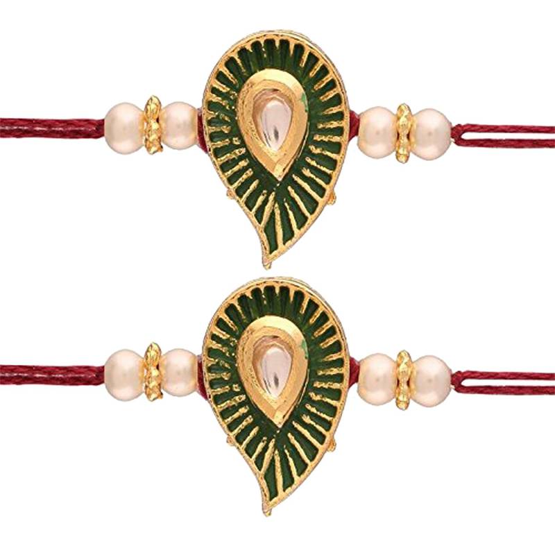 Gold Plated Kundan Pearl Meena Work Rakhi Bracelets for Boys & Kids (R6062) (Pack of 2)