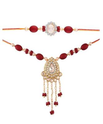 Gold Plated Pearl and Kundan Rakhi Set for Bhaiya Bhabhi (R617CO) 1