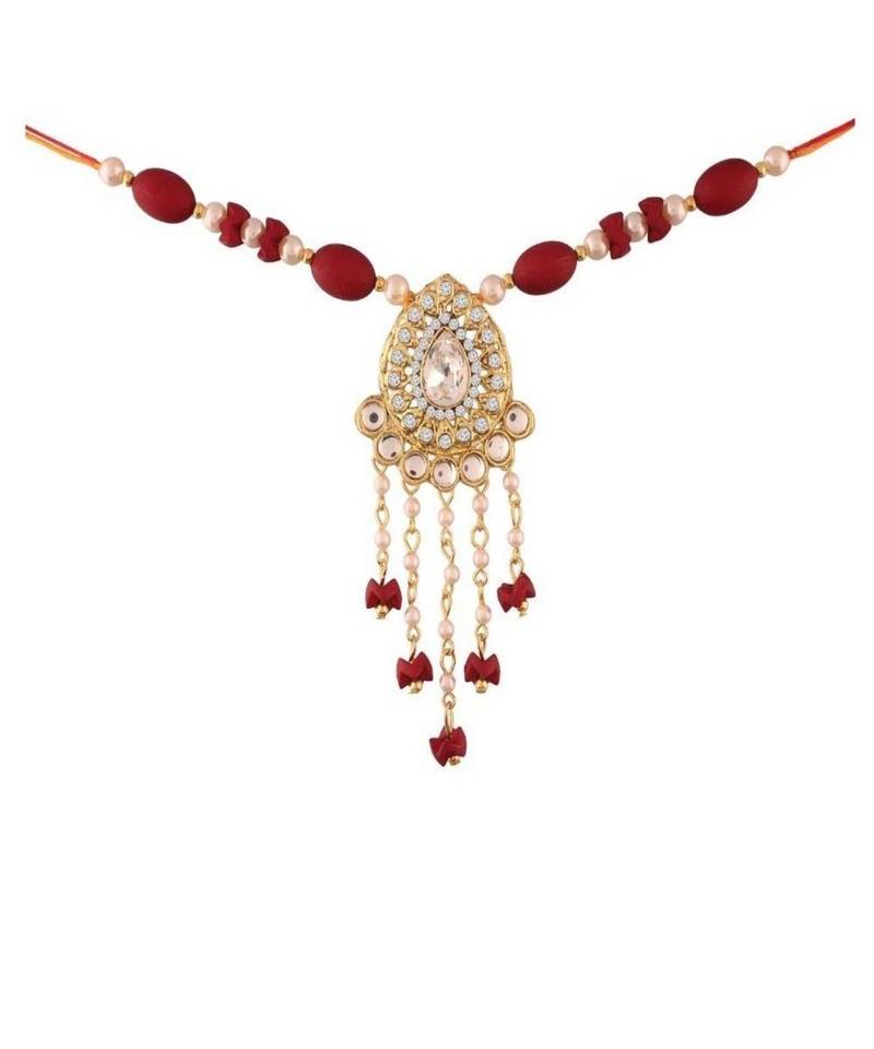 Gold Plated Pearl and Kundan Rakhi Set for Bhaiya Bhabhi (R617CO)