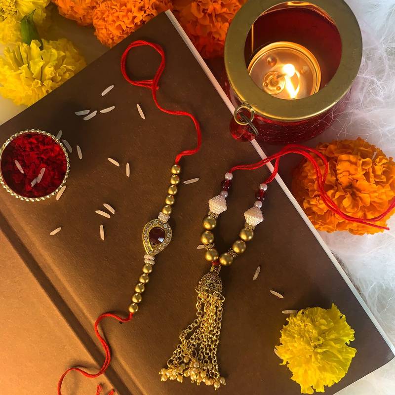 Gold Plated Jhumki Style Bhaiya Bhabhi Rakhi Set (R612CO)