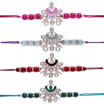 Gold Plated Ethnic Designer Enamel Pearl Beads Combo Rakhi Set Bracelet for BrotherMen  1