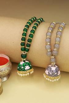 Designer Enamel Pearl Hanging Lumba Rakhi for Rakshabhandan (R067LCO) (Set of 2)
