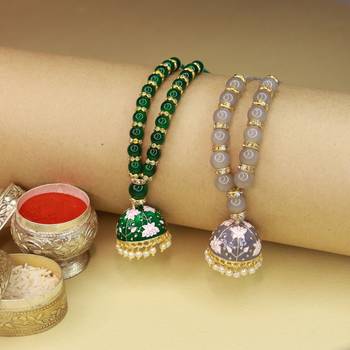 Designer Enamel Pearl Hanging Lumba Rakhi for Rakshabhandan  1