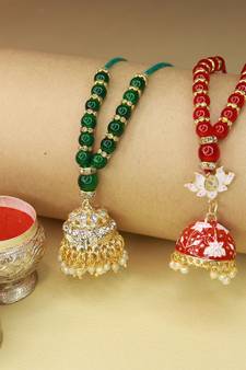 Rakshabhandan Special Designer Pearl Hanging Jhumka Lumba Rakhi for Bhabhi (R07074LCO) (Set of 2)
