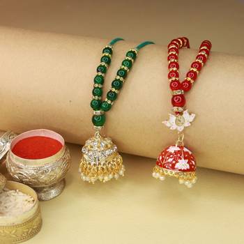 Rakshabhandan Special Designer Pearl Hanging Jhumka Lumba Rakhi for Bhabhi  1