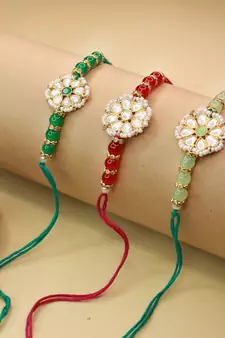 I Jewels Ethnic Designer Pearl Beads Studded with Roli Chawal for BrotherMen(R0683)Pack of 3 Rakhi