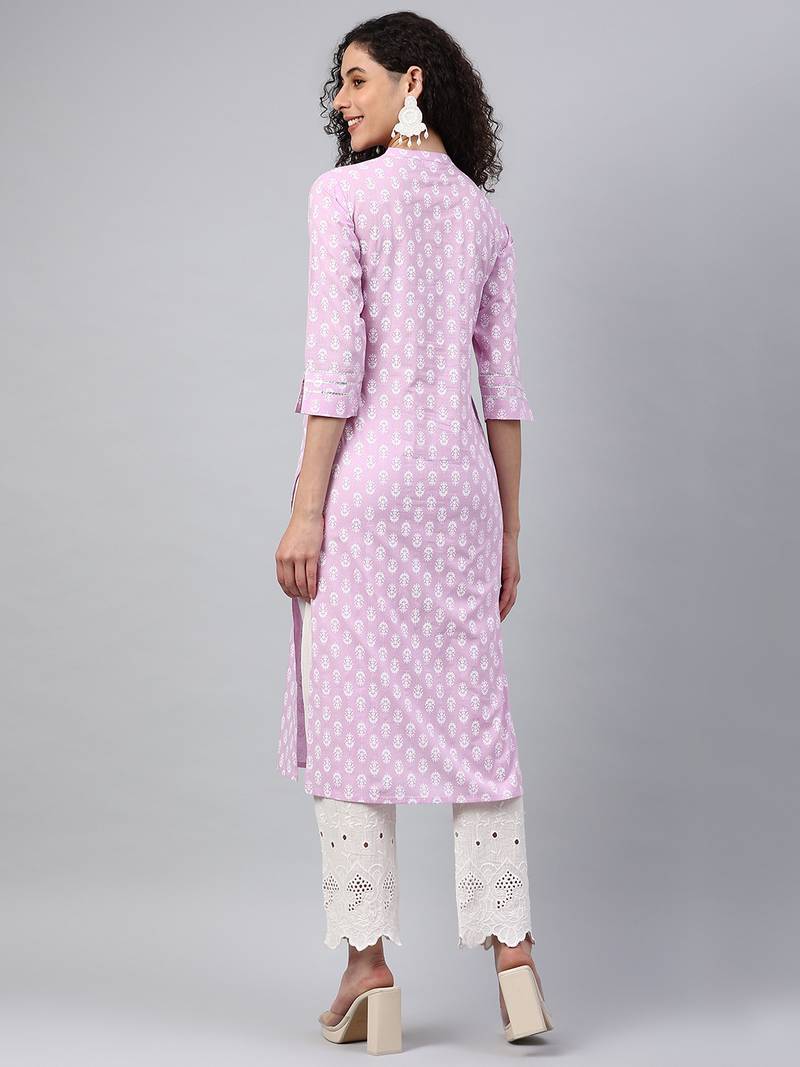 Pikasha Womens Cotton Printed Straight Kurta (Purple)