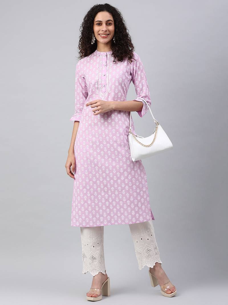 Pikasha Womens Cotton Printed Straight Kurta (Purple)