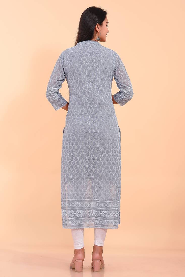 Pikasha Womens Georgette Solid Straight Kurta (Grey)