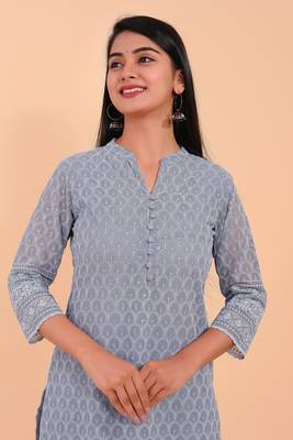 Pikasha Womens Georgette Solid Straight Kurta (Grey) 3