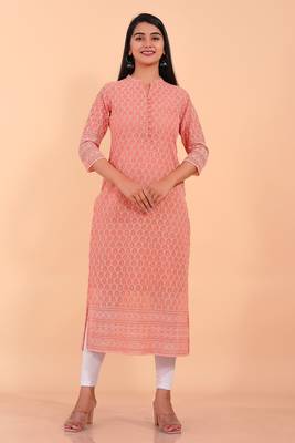 Pikasha Womens Georgette Solid Straight Kurta (Peach) 1