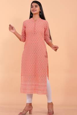 Pikasha Womens Georgette Solid Straight Kurta (Peach) 3