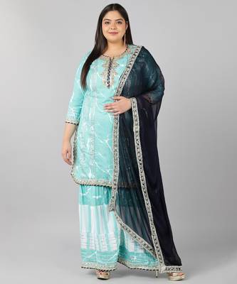 Pikasha Womens Rayon Solid Straight Kurta Sharara dupatta (Sky blue) 1