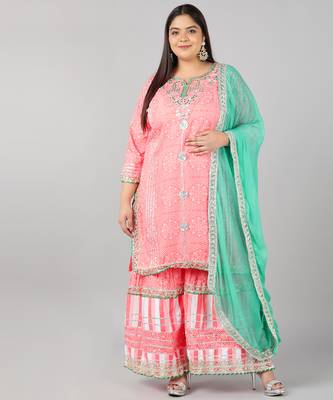 Pikasha Womens rayon solid Straight Kurta Sharara dupatta (Peach) 1
