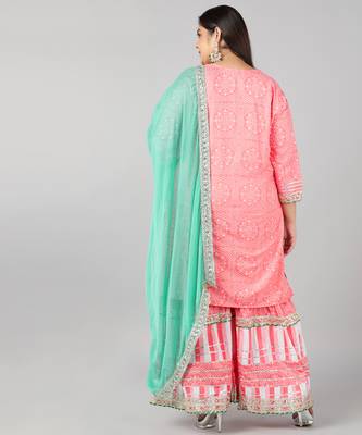 Pikasha Womens rayon solid Straight Kurta Sharara dupatta (Peach) 2