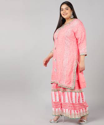 Pikasha Womens rayon solid Straight Kurta Sharara dupatta (Peach) 3